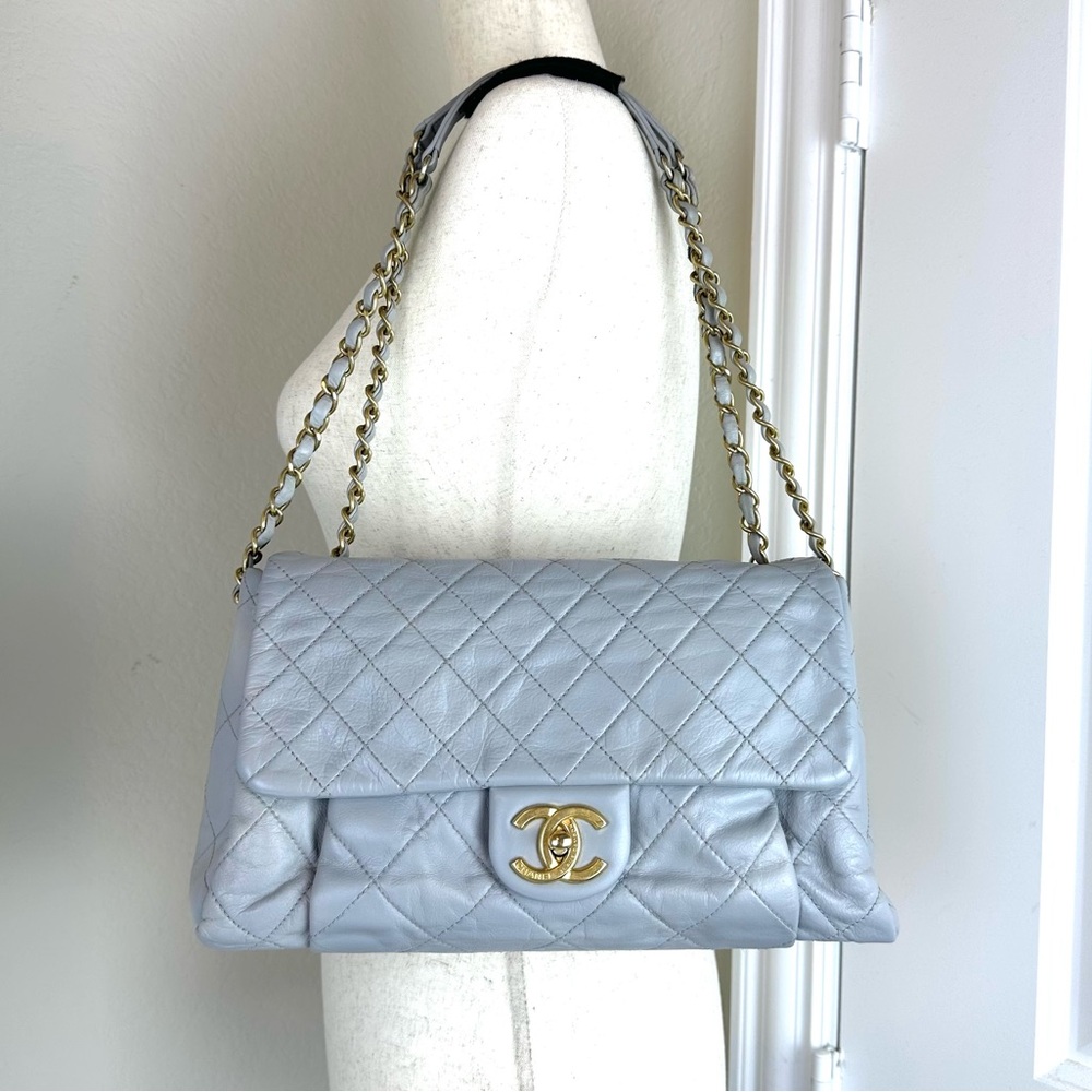 CHANEL CC Single Flap Chain Bag Leather Grey GHW w/COA